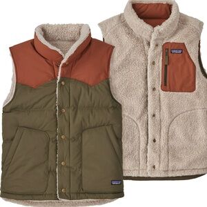 Patagonia Mens Reversible bivy Down Vest in Green & burnt orange Size L EUC